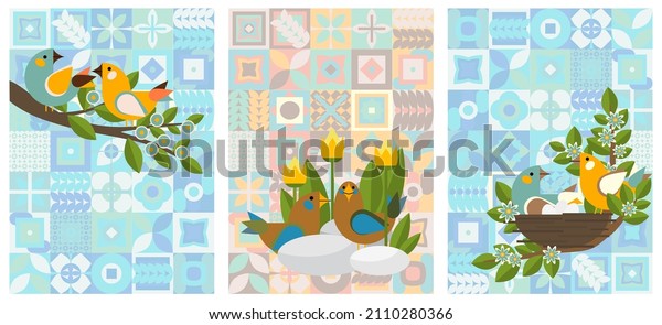 Geometric illustration with a pair of birds in a nest and and neo geometry pattern. Vector composition for Easter, spring and summer