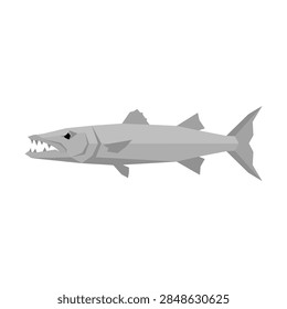 A geometric illustration of a predatory fish with sharp teeth on a white background.