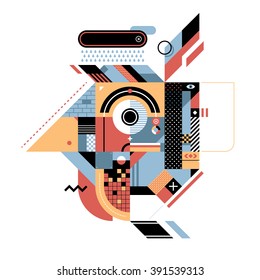 Geometric illustration with rooster's head. Style of abstract art, constructivism and modern graffiti. Useful for prints and covers, design element is isolated on white background.