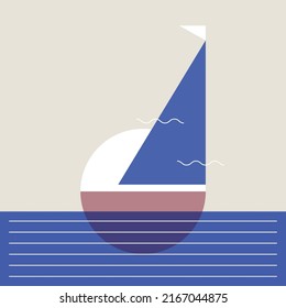 Geometric illustration of a sail boat in a sea at the sunset 