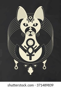 Geometric illustration of stylized Sphynx Cat from ancient Egypt. Goddess Bastet wearing Ankh necklace. Tattoo, fashion, new age art concept. Mysterious, esoteric, symbolic, spiritual art. 