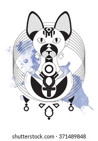 Geometric illustration of stylized Sphynx Cat from ancient Egypt. Goddess Bastet wearing Ankh necklace. Tattoo, fashion, new age art concept. Mysterious, esoteric, symbolic, spiritual art. 
