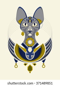 Geometric illustration of stylized Sphynx Cat from ancient Egypt. Goddess Bastet wearing Ankh necklace. Tattoo art concept. Fashion art. Mysterious, esoteric, symbolic, spiritual art. New age concept.