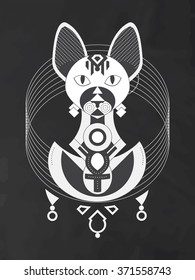 Geometric illustration of stylized Sphynx Cat from ancient Egypt. Goddess bastet wearing Ankh necklace. Tattoo, fashion, T-shirt art. Mysterious, symbolic, esoteric, new age. Black and white. 