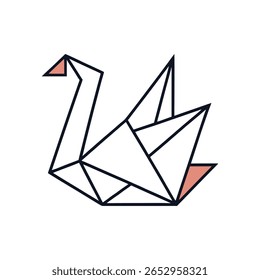 A geometric illustration of a swan composed of black lines and shapes on a white background. The swan's beak and wing tips are accented with coral-colored triangles.