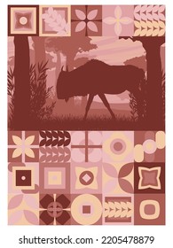 Geometric illustration with Wildebeest in the African savannah. Wild animals of Africa. Realistic vector composition.