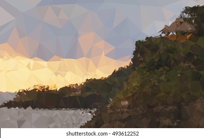 geometric image representing a mountain on the beach with a sunset sky