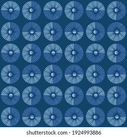 Geometric indigo sky blue lines in circle or round shape. Stylised sun or fireworks bright blue with sky blue on a dark navy blue background.Vector illustration.