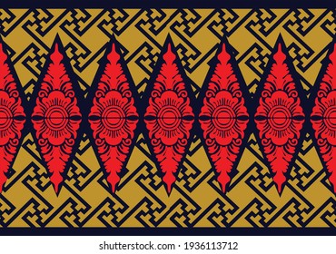 Geometric Indonesian batik motifs with distinctive Balinese floral pattern