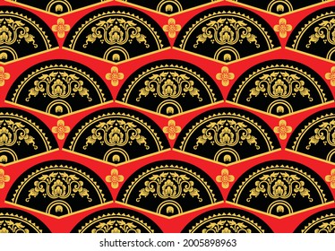 Geometric Indonesian batik motifs with distinctive Balinese floral pattern