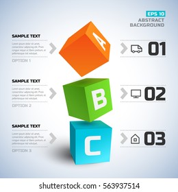 Geometric infographic elements with 3d cubes text line icons three options on light background vector illustration