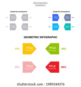 Geometric Infographic elements Vector illustration. Template bar and line charts, percents, pie charts, steps, options, timeline, Sign and symbol infographics,