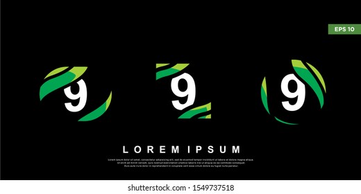 geometric initial number 9 logo inside leaf frame. modern icon, template design