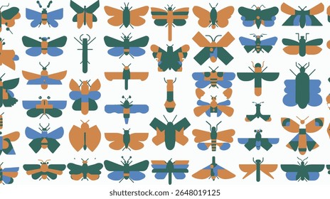 Insetos geométricos flutuam artisticamente em um padrão de exibição decorativo vibrante