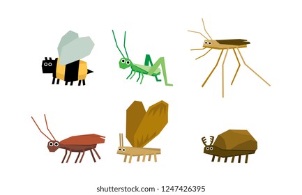 Geometric insects set, bee, grasshopper, mosquito, ant, bug vector Illustration on a white background