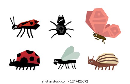 Geometric insects set, spider, bug, ladybug, colorado potato beetle, fly, butterfly vector Illustration