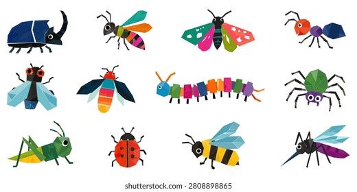 Geometric insects vector set. Mosaic colorful bug icons isolated on white background. Flat cartoon style scolopendra, beetle, bee, butterfly, ladybug and spider collection for kids.