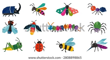 Geometric insects vector set. Mosaic colorful bug icons isolated on white background. Flat cartoon style scolopendra, beetle, bee, butterfly, ladybug and spider collection for kids.