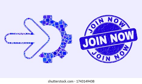 Geometric integration gear mosaic icon and Join Now seal. Blue vector round grunge seal with Join Now caption. Abstract mosaic of integration gear done of round, triangles, square geometric elements.