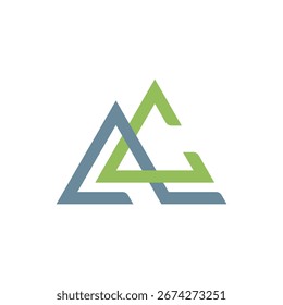 Triángulos geométricos entrelazados formando una letra estilizada A en verde y pizarra. Perfecto para exteriores, aventura, construcción y marca tecnológica.