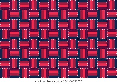 Padrão Intertecido Geométrico. Abstrato vermelho e azul Basketweave.
Design de Tiling Negrito. Textura de tecelagem contemporânea. Grade retangular moderna