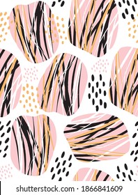 Geometric Irregular Seamless Vector Pattern. Pink Spots with Black and Yellow Stripes Isolated on a White Background. Abstract Wild Animal Skin Style Print ideal for Fabric, Textile, Wraping Paper.