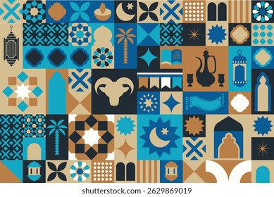 Geometric Islamic ornament featuring arch windows, stars and flower shapes in vector style. Cultural and decorative.