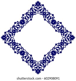 Geometric Islamic Pattern Arabesque, square frame, blue and white, Vector.