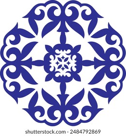 Geometrisches islamisches nahtloses Muster Arabesque blau und weiß. Vektorgrafik. In: Kazakh national ornament. Detail und Element für Design und Postkarten, Sandstrahlen, Keramik, Patchwork, Ränder und Rahmen. 