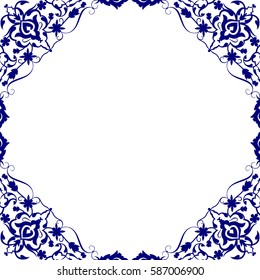 Geometric Islamic Seamless Pattern Arabesque, square frame, blue and white.