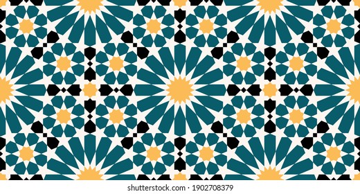 Geometric Islamic Seamless Pattern for decoration greeting card or interior based on a tenfold traditional rosette. Vector Illustration.