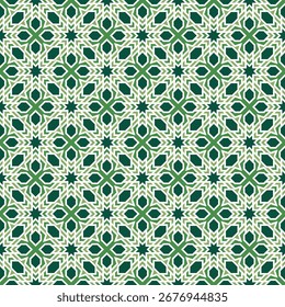 Geometric Islamic Style Seamless Pattern Background with Green and White Color