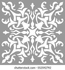 Geometric Islamic Tile Pattern Arabesque, template, stencil, grey and white, square.