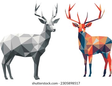 Geometric isolated reindeer on a white background in the style of low poly and lettering, deer vector illustration art