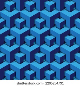 Geometric isometric blue cubes abstract seamless pattern, 3d realistic vector background shadows Technology style engineering line drawing endless illustration. Usable for fabric, wallpaper, wrapping,