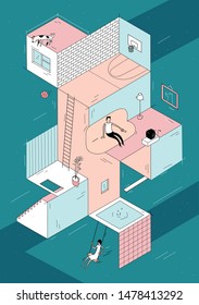 Geometric isometric building with people in it floating in space