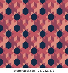 Geometric Isometric Hexagon Cube Seamless Pattern in Red and Navy Tones