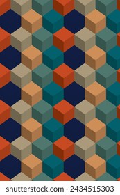Cubo de color retro isométrico geométrico patrón sin fisuras. arte de la pared. arte moderno. decoración del hogar. fondo abstracto. Pancartas, Carteles, Afiches. Hexágono