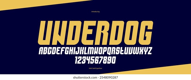 Geometric italic and bold sans serif typeface, vector thick and massive minimal font, poster and advertising letters and numbers alphabet for logos headers or slogans.