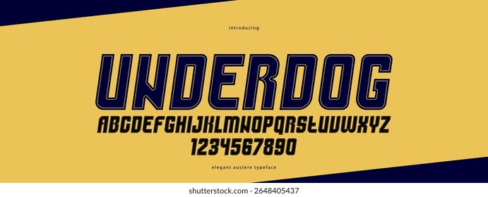 Caracteres geométricos em itálico e negrito sem fonte serif, fonte vetorial grossa e maciça mínima, cartazes e letras de publicidade e alfabeto numérico para cabeçalhos de logotipos ou slogans.