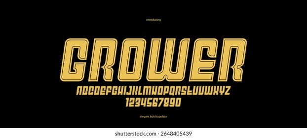 Caracteres geométricos em itálico e negrito sem fonte serif, fonte vetorial grossa e maciça mínima, cartazes e letras de publicidade e alfabeto numérico para cabeçalhos de logotipos ou slogans.