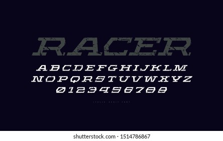 Geometric italic serif font in sport style. Letters and numbers with vintage texture for sci-fi, military, racing logo and title design. Print on black background
