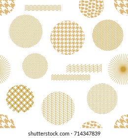 Geometric Japanese ornaments. Seamless vector pattern with different round elements. Abstract white background with golden ornaments. Oriental textile collection.