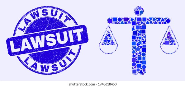 Geometric judge mosaic icon and Lawsuit stamp. Blue vector rounded textured seal stamp with Lawsuit message. Abstract mosaic of judge designed of spheric, triangles, square geometric spots.