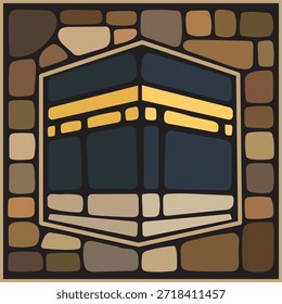 Ilustración geométrica de Kaaba con marco hexagonal y piedras de mosaico: ideal para exposiciones de arte islámico y tarjetas de felicitación digitales basadas en la fe