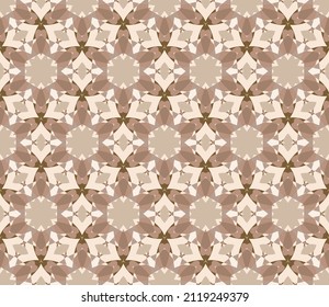 Geometric kaleidoscope with floral elements, shades of dark orange. Seamless vector pattern