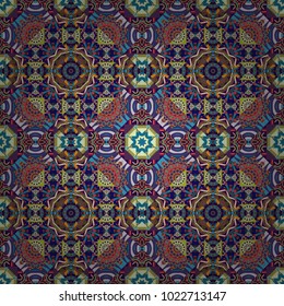 Geometric kaleidoscope mandala. Vector background - symmetric seamless pattern design in blue, violet and brown tones.
