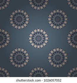 Geometric kaleidoscope mandala. Vector background - symmetric seamless pattern design in gray, white and blue tones.