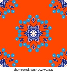Geometric kaleidoscope mandala. Vector background - symmetric seamless pattern design in orange, blue and white tones.