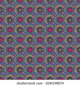 Geometric kaleidoscope mandala. Vector background - symmetric seamless pattern design in yellow, blue and violet tones.